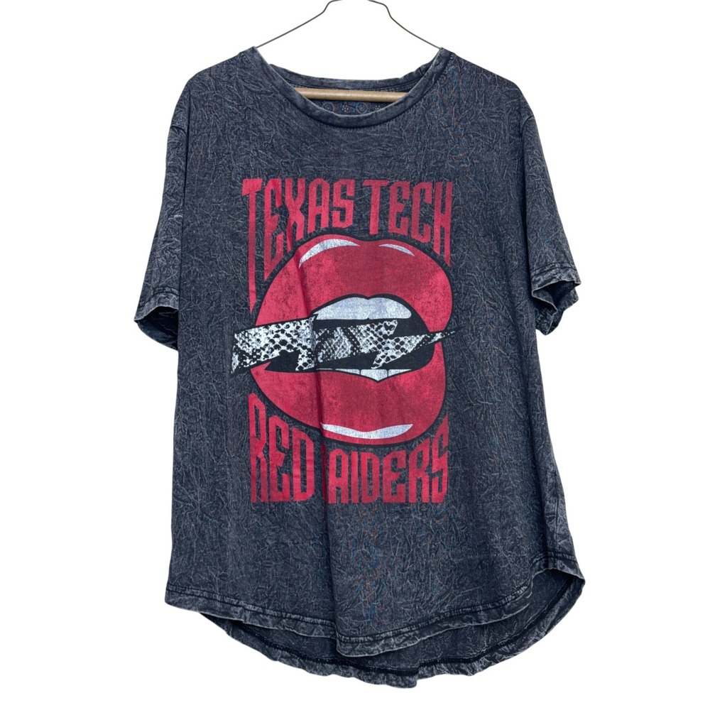 Texas Tech T-Shirt Women Large Charcoal Acid Wash Red Raiders Lip Thunder School